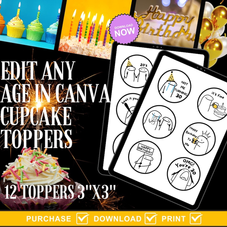 Puede incluir: Doce toppers para cupcakes imprimibles de 7,6 cm por 7,6 cm con ilustraciones divertidas y texto. Las ilustraciones son en blanco y negro e incluyen frases como "Not Me Turning 30" y "OMG! You're 30".