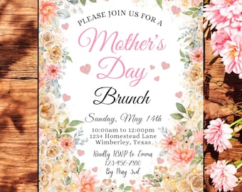 Mothers Day Invitation, Mothers Day Invite, Mothers Day Invitation Brunch, Mothers Day Flowers Invite, Editable Invitation Boho Pink Floral