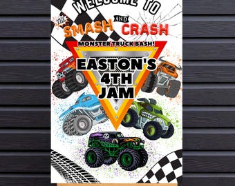 Puede incluir: Un letrero de fiesta con el texto "Welcome to the Smash Crash Monster Truck Bash!" y "Easton's 4th Jam." El letrero presenta ilustraciones de monster trucks en rojo, naranja, azul, verde y morado, con un diseño de bandera a cuadros.