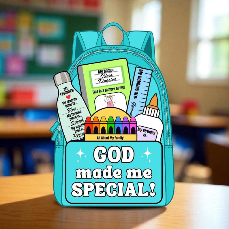 May include: A bright turquoise backpack featuring the text "GOD made me SPECIAL!" on the front pocket. The bag contains a water bottle, a notebook labeled "My Name: Olivia Kingston", a ruler, a glue bottle, and a row of colorful crayons.