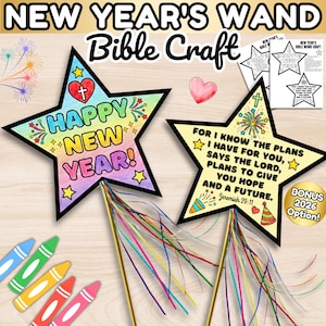 May include: Star-shaped New Year's wands with the text "Happy New Year!" and a Bible verse. The wands have colourful streamers and are accompanied by crayons. Includes a bonus 2026 option.