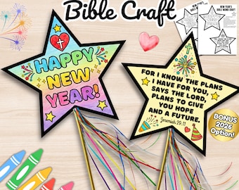 May include: Colorful star-shaped New Year's wands with text that reads "Happy New Year!" and "For I know the plans I have for you." Includes crayons and a bonus 2026 option.