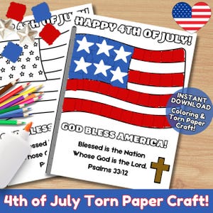 Modello di lavoretto per il 4 luglio, bandiera americana patriottica, attività estiva stampabile, gioco del 4 luglio, lavoretto con carta strappata, lavoretti facili per bambini in età prescolare