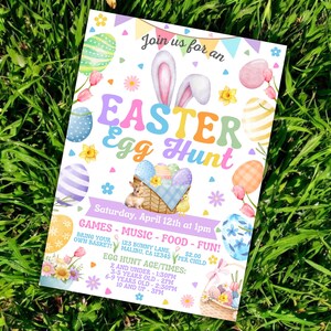 May include: A colorful invitation for an Easter egg hunt. The invitation features a bunny rabbit, eggs, and flowers. The text on the invitation reads "Join us for an Easter Egg Hunt" and includes the date, time, and location of the event.