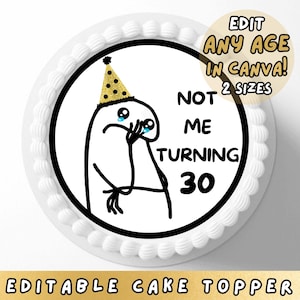 May include: A round cake with white frosting and a black-bordered center featuring a crying cartoon figure wearing a gold party hat. The text reads "NOT ME TURNING 30". Additional text states "EDIT ANY AGE IN CANVA! 2 SIZES" and "EDITABLE CAKE TOPPER".