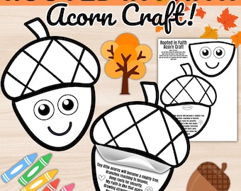 May include: An image with the text "ROOTED IN FAITH Acorn Craft!" shows cartoon acorns, a tree, and crayons. One acorn has a smiling face. The image includes the text "Tiny little acorns will become a mighty tree."