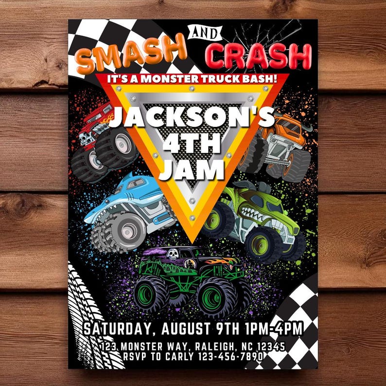 Puede incluir: Una invitaci&oacute;n a una fiesta con las palabras "Smash and Crash" y "It's a Monster Truck Bash!" La invitaci&oacute;n presenta ilustraciones de monster trucks de varios colores, con el texto "Jackson's 4th Jam". Tambi&eacute;n se incluye la fecha y la hora.