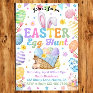 May include: An invitation to an Easter Egg Hunt with a colorful watercolor illustration of a basket filled with eggs, a bunny, and a chick. The text reads "Join us for an Easter Egg Hunt" and includes the date, time, location, and RSVP information.