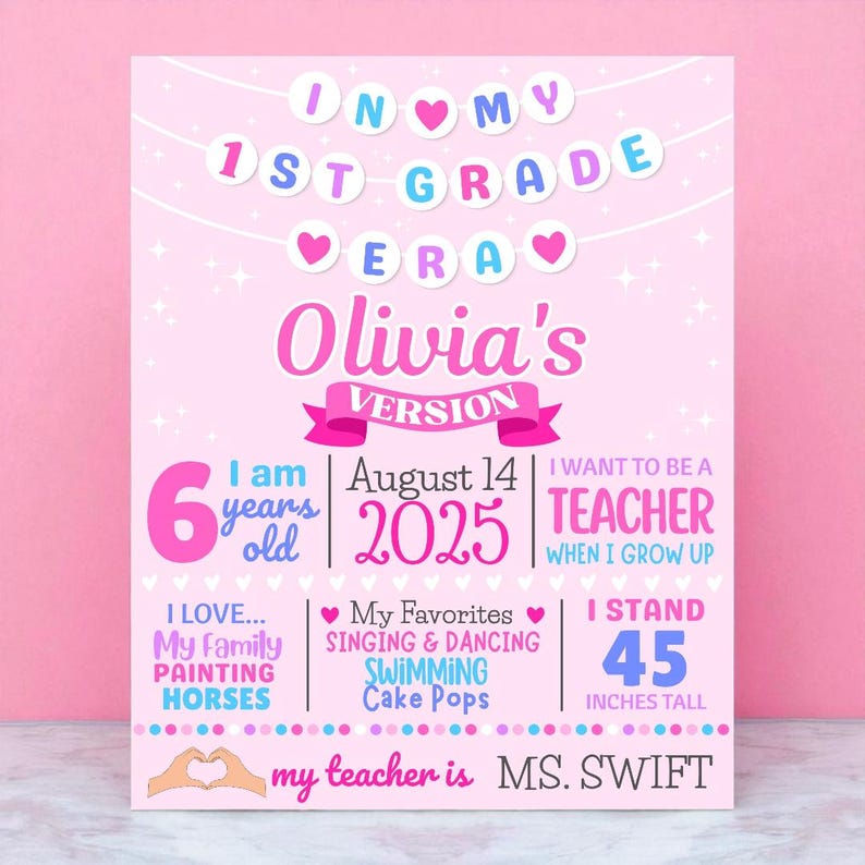 May include: A pink poster with the text "In My 1st Grade Era" and "Olivia's Version." It includes details like age, date, height (114 cm), favorite activities, and future aspirations. The teacher's name is Ms. Swift.