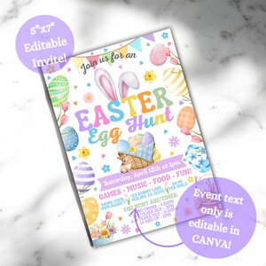 May include: A 5x7 inch printable Easter egg hunt invitation with a bunny rabbit, colorful eggs, and flowers. The text reads "Join us for an Easter Egg Hunt" and includes details about the event, such as the date, time, location, and age groups.