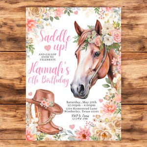 Horse Invitation, Cowgirl Birthday, Horse Birthday, Horse Party Invite, Cowgirl Party, Pink Floral Birthday Invitation, Editable Template
