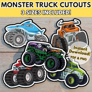 May include: A collection of monster truck cutouts in vibrant colours, including blue, orange, green, and red. The designs feature a shark, a skull, and flames. The text "3 SIZES INCLUDED!" is displayed at the top. The image also includes the text "Instant Download! PDF & PNG".