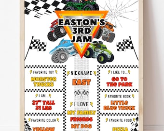 Puede incluir: Un póster enmarcado con temática de camiones monstruo. El póster presenta camiones monstruo coloridos, el texto "EASTON'S 3RD JAM" y detalles como "37 pulgadas de alto" y "31 libras". El texto adicional incluye "Juguete favorito: Camiones monstruo" y "Comida favorita: Pizza".