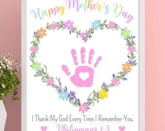 Christian Mothers Day Crafts for Kids, Mothers Day Handprint Art, Kids Bible Verse Sunday School Activity, Hand Print Flower Craft for Mom