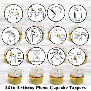 Könnte beinhalten: Set mit 10 runden Cupcake-Toppern mit lustigen Meme-Illustrationen und Texten wie "Happy Birthday", "Nicht ich werde 30", "OMG! Du bist 30" und "Wie alt bin ich nochmal?"