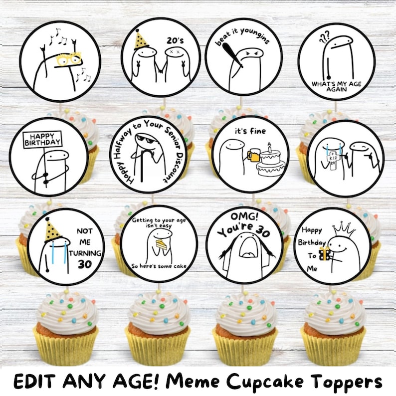 Puede incluir: Conjunto de 10 adornos redondos para cupcakes con ilustraciones divertidas y texto relacionado con los cumplea&ntilde;os. Las ilustraciones son en blanco y negro con fondo blanco. El texto incluye frases como "Feliz cumplea&ntilde;os", "No soy yo quien cumple 30", "&iexcl;OMG! Tienes 30", y "L&aacute;rgate, jovencitos".