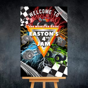 May include: A colorful party sign featuring monster trucks and the text "WELCOME TO THE MONSTER BASH!" and "EASTON'S 4TH JAM." The design includes lightning bolts, checkered flags, and tire tracks, with a black background.