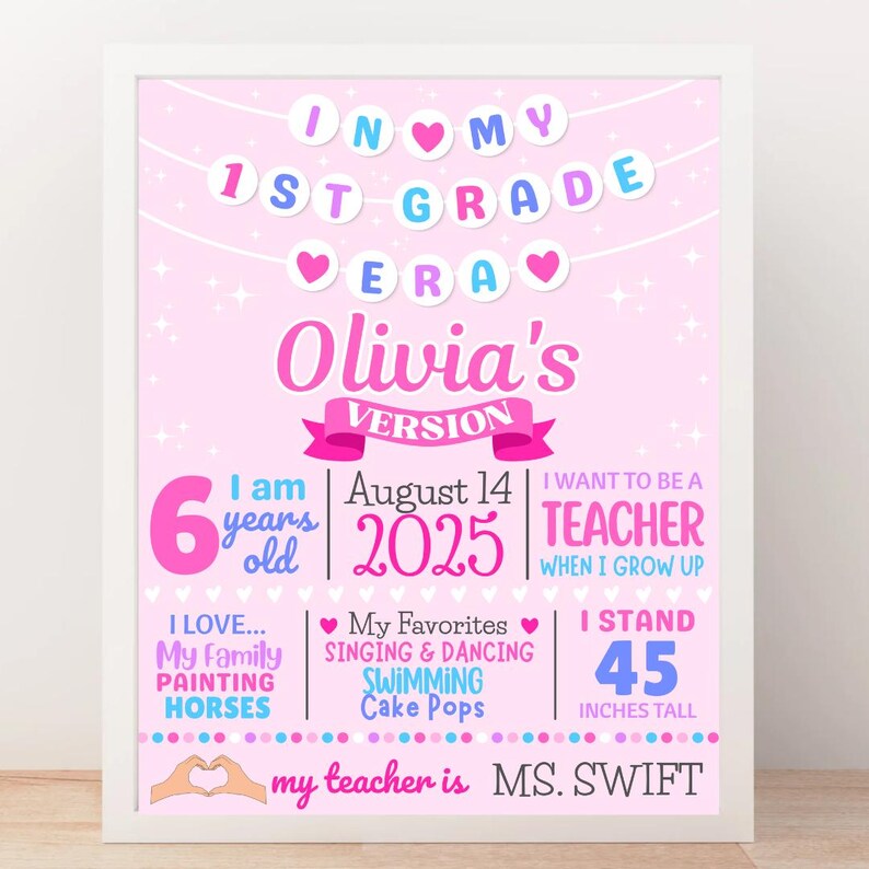 May include: A framed pink 1st Grade Era poster with the name "Olivia's Version". The poster includes text about the child's age, height (114 cm), favorite activities, and future aspirations. The poster is decorated with hearts and stars.