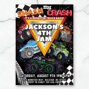 Puede incluir: Una colorida invitaci&oacute;n para una fiesta de cumplea&ntilde;os con tem&aacute;tica de monster trucks. El dise&ntilde;o presenta varios monster trucks de diferentes colores, el texto "SMASH AND CRASH" y los detalles del evento: "JACKSON'S 4TH JAM" el s&aacute;bado 9 de agosto, 13:00-16:00.
