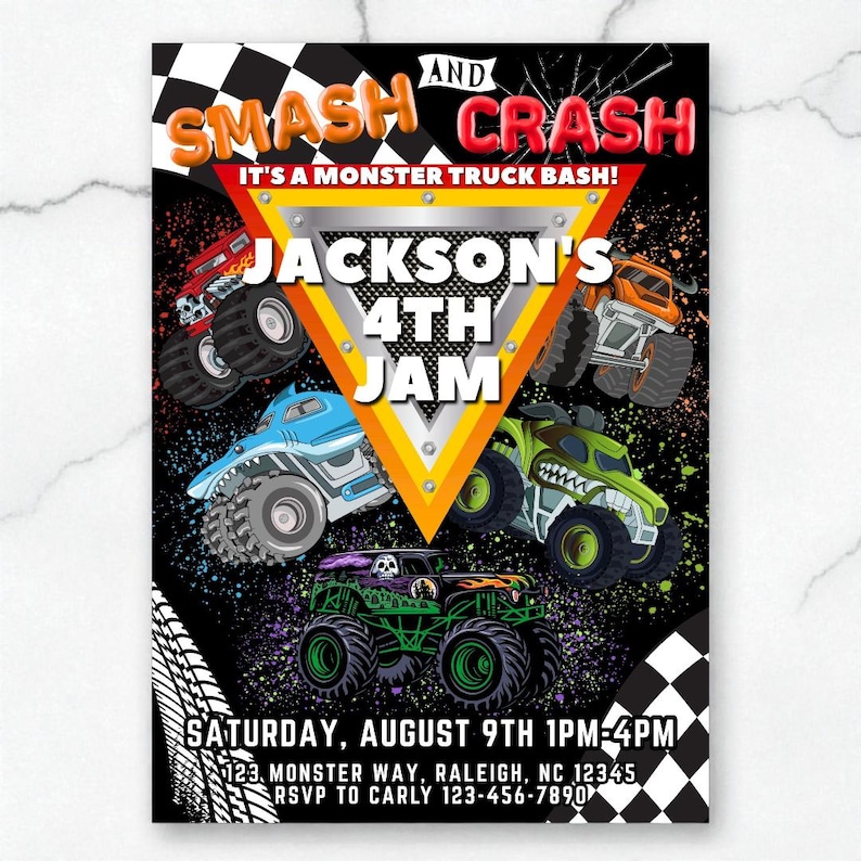 Puede incluir: Una colorida invitaci&oacute;n para una fiesta de cumplea&ntilde;os con tem&aacute;tica de monster trucks. El dise&ntilde;o presenta varios monster trucks de diferentes colores, el texto "SMASH AND CRASH" y los detalles del evento: "JACKSON'S 4TH JAM" el s&aacute;bado 9 de agosto, 13:00-16:00.