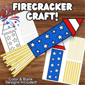 Puede incluir: Un kit de manualidades patriótico con un diseño de petardo azul y rojo con estrellas blancas. El kit incluye plantillas para colorear y diseños en blanco. El texto dice "Firecracker Craft!" y "Color & Blank Designs Included!"