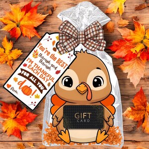 May include: A clear cellophane gift bag with a cartoon turkey design, a gift card, and a tag that reads "You're the BEST through and through, I'M THANKFUL EACH DAY FOR ALL YOU do!" The bag is tied with a plaid bow and sits on a wooden surface with fall leaves.