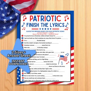 4th of July Games, Fourth of July Party Games, July 4th Trivia Finish the Lyrics Game, Patriotic Trivia, American Songs, Fun Patriotic Games