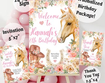 May include: A personalized birthday party package with a pink and white welcome sign featuring a horse, flowers, and a horseshoe. The sign is 24 inches by 36 inches. The package also includes a 5 inch by 7 inch invitation and a 2.5 inch by 4 inch thank you tag.