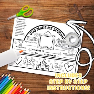 May include: A black and white colouring sheet with the text "GOD MADE ME SPECIAL!" and fill-in-the-blank sections. Includes scissors, a glue stick, tape, and coloured pencils. The sheet has step-by-step instructions.