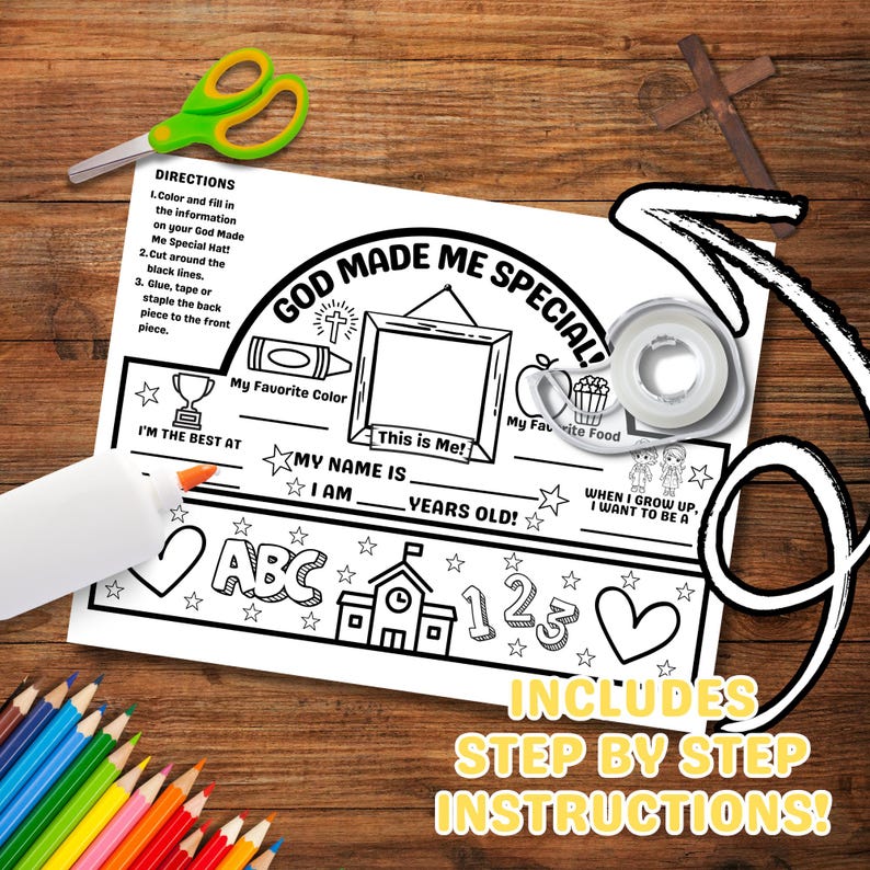 May include: A black and white colouring sheet with the text "GOD MADE ME SPECIAL!" and fill-in-the-blank sections. Includes scissors, a glue stick, tape, and coloured pencils. The sheet has step-by-step instructions.