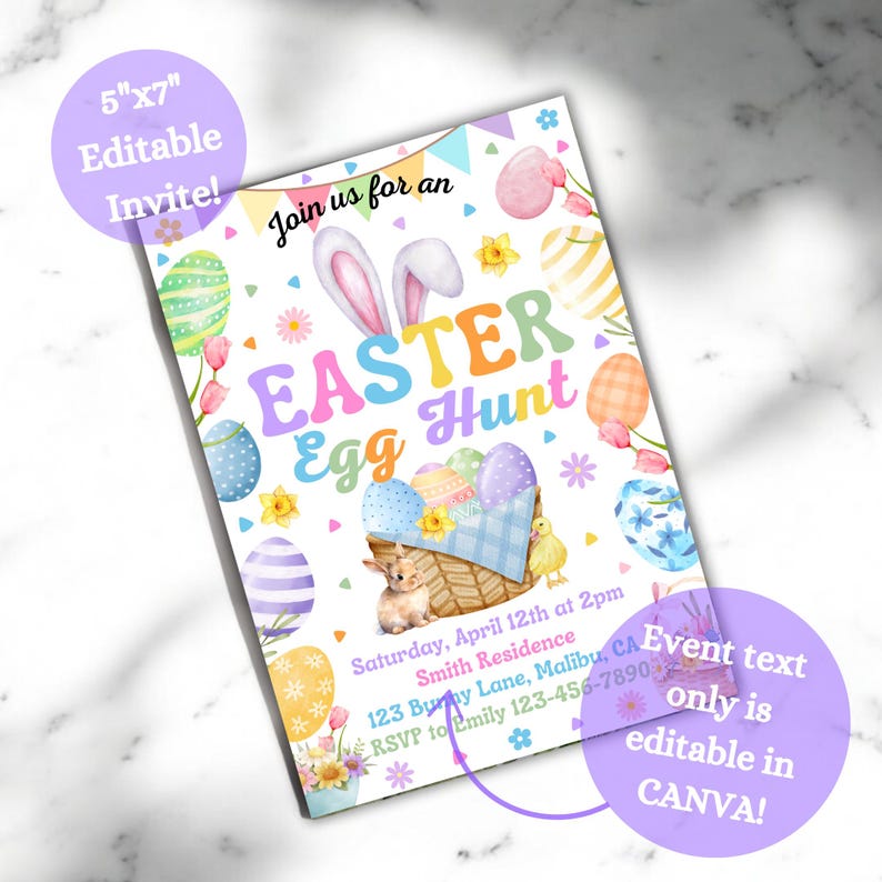 May include: An editable 5x7 inch Easter egg hunt invitation template featuring a cute bunny rabbit holding a basket of colorful eggs. The text on the invitation reads "Join us for an Easter Egg Hunt" and includes details for the event, such as the date, time, location, and RSVP information.