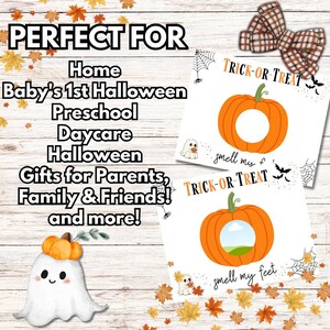 May include: Halloween-themed decorations featuring orange pumpkin cutouts with the words "Trick or Treat" and "smell my feet." The image includes a ghost illustration, spiderwebs, and fall leaves. Text reads "Perfect for Home, Baby's 1st Halloween, Preschool, Daycare, Halloween, Gifts for Parents, Family & Friends! and more!"
