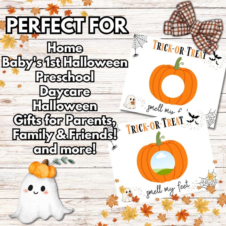 May include: Halloween-themed decorations featuring orange pumpkin cutouts with the words "Trick or Treat" and "smell my feet." The image includes a ghost illustration, spiderwebs, and fall leaves. Text reads "Perfect for Home, Baby's 1st Halloween, Preschool, Daycare, Halloween, Gifts for Parents, Family & Friends! and more!"