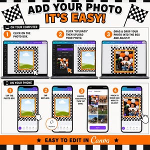 May include: An instructional graphic showing how to add a photo using a computer or phone. The text says "Add Your Photo, It's Easy!" and "Easy to Edit in Canva." The image details steps for uploading and adjusting photos.