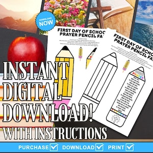 May include: A digital download graphic with the text "INSTANT DIGITAL DOWNLOAD! WITH INSTRUCTIONS." The image includes a red apple, a cross, and a floral background. The design features pencil-shaped prayer cards with instructions.
