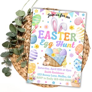May include: A colorful Easter egg hunt invitation with a bunny rabbit, a basket of eggs, and a chick. The invitation includes the text "Join us for an Easter Egg Hunt", "Saturday, April 12th at 2pm", "Smith Residence", "123 Bunny Lane, Malibu, CA", and "RSVP to Emily 123-456-7890".