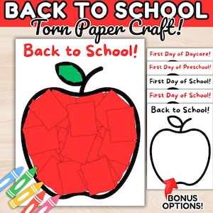 Może przedstawiać: Projekt rzemieślniczy z czerwoną jabłkiem wykonanym z podartych kwadratów papieru, ze słowami "Back to School" w kolorze czerwonym i czarnym. Dodatkowy tekst zawiera "First Day of Daycare!" i "Bonus Options!"