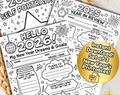New Years Goals Resolution Printable for Kids, Year in Review Goals Self Portrait, 2026 New Year’s Coloring Page, Kids Activity Placemat NYE