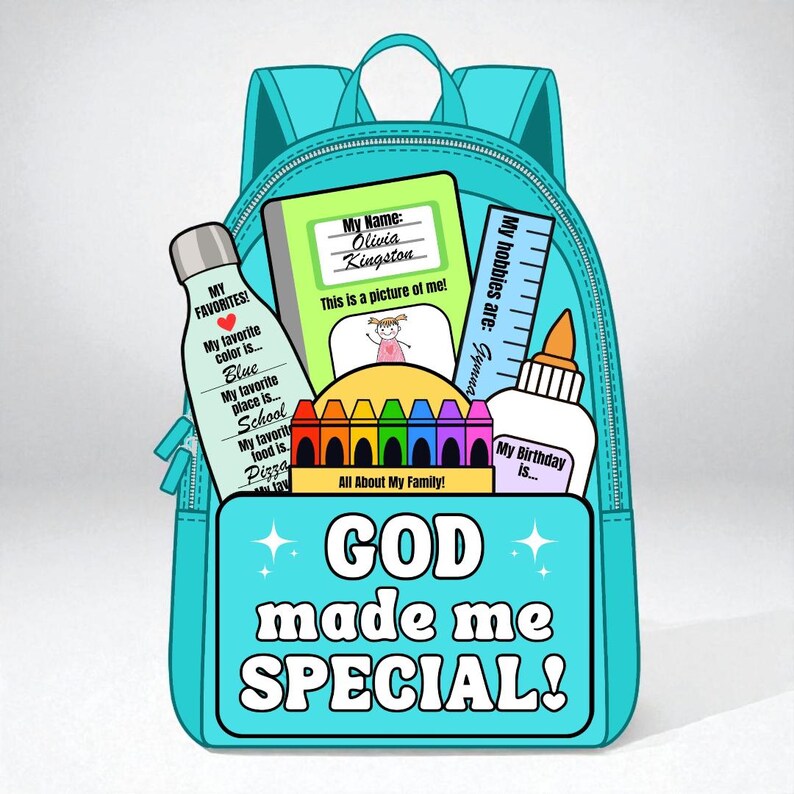 May include: A bright turquoise backpack featuring the text "GOD made me SPECIAL!" on the front pocket. Inside are school supplies including a water bottle, a notebook labeled "My Name: Olivia Kingston", a ruler, a glue bottle, and colorful crayons.