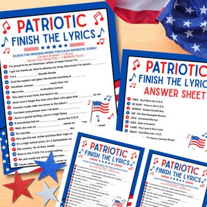 4th of July Games, Fourth of July Party Games, July 4th Trivia Finish the Lyrics Game, Patriotic Trivia, American Songs, Fun Patriotic Games