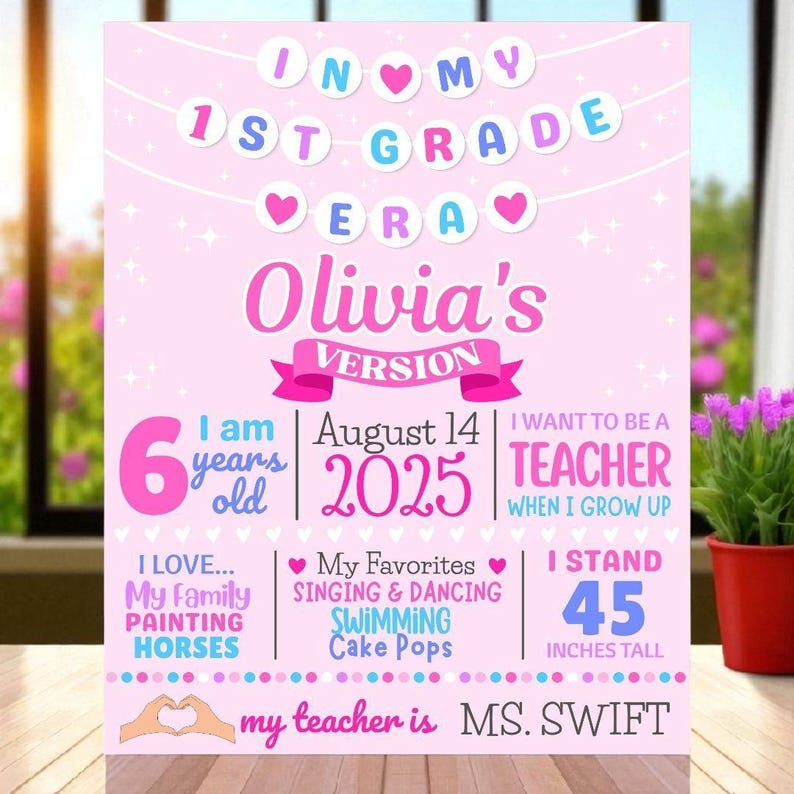 May include: A pink 1st Grade sign with the text "In My 1st Grade Era" and "Olivia's Version." It includes details like age, date, height (114 cm), favorite things, and aspirations. The sign is decorated with hearts and stars.