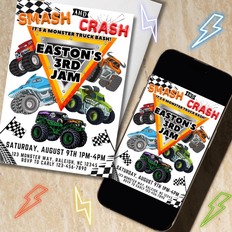 May include: An invitation and a smartphone screen showing the same design. The design includes the text "SMASH AND CRASH" and "EASTON'S 3RD JAM" with monster truck illustrations. The invitation also has event details.