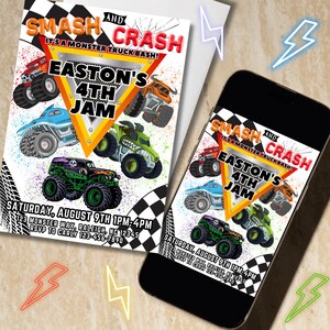 May include: A party invitation and a smartphone screen display the same design. The design features colorful monster trucks and the text "SMASH AND CRASH, EASTON'S 4TH JAM." The invitation includes event details: Saturday, August 9th, 1 PM-4 PM.