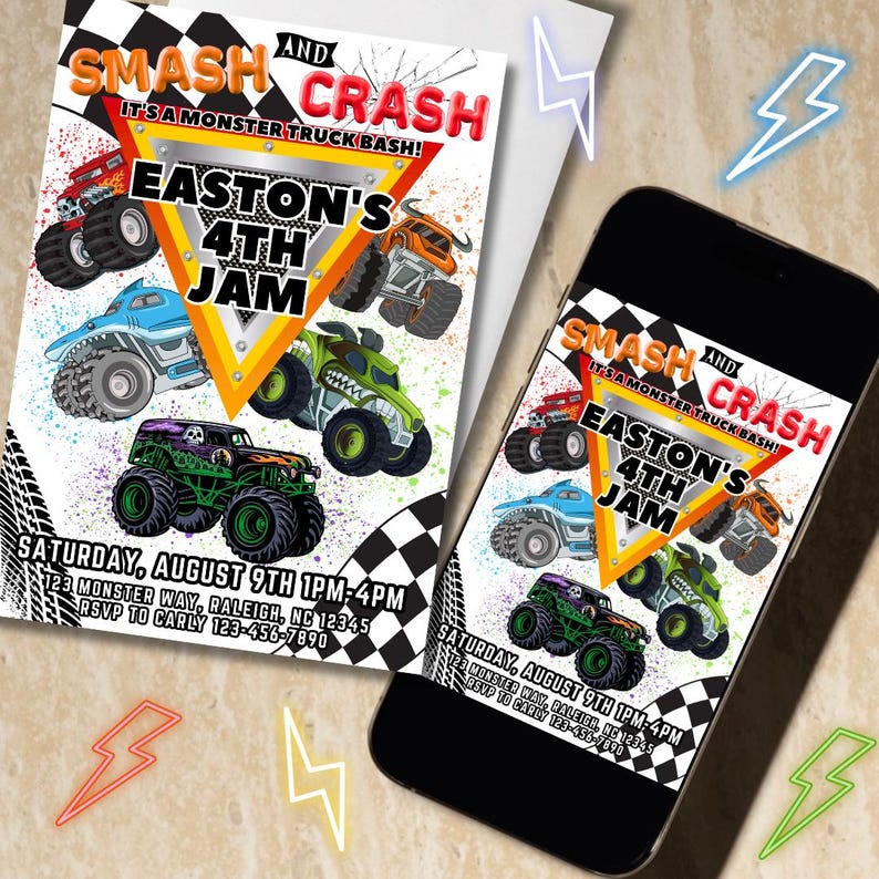 May include: A party invitation and a smartphone screen display the same design. The design features colorful monster trucks and the text "SMASH AND CRASH, EASTON'S 4TH JAM." The invitation includes event details: Saturday, August 9th, 1 PM-4 PM.