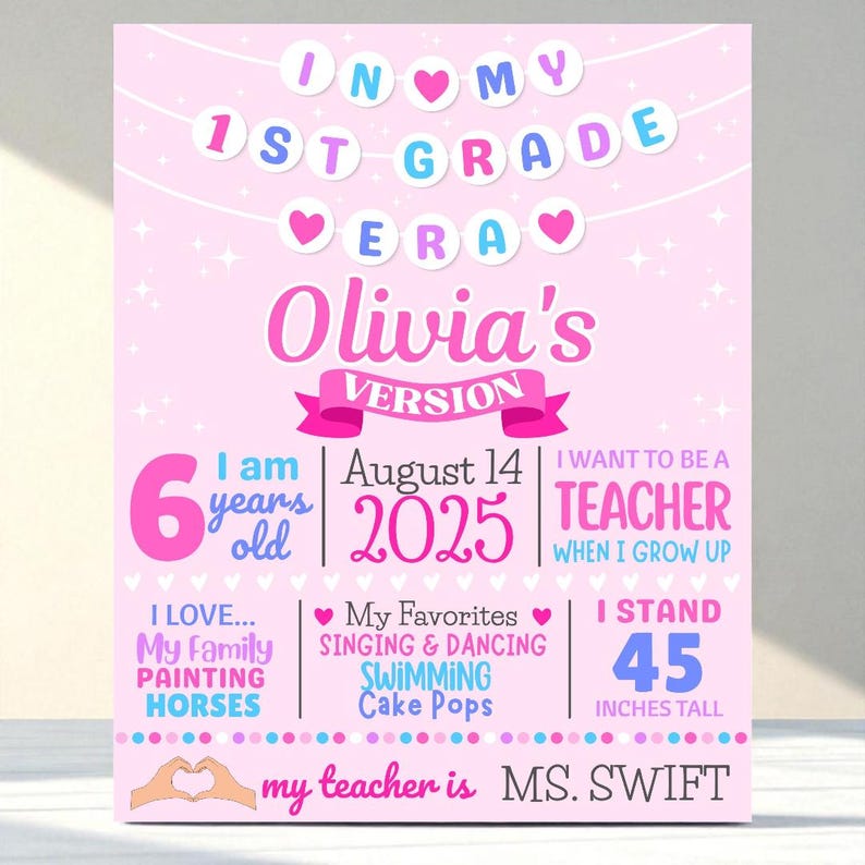 May include: A pink and white 1st Grade sign with the text "In My 1st Grade Era" and "Olivia's Version." It includes details like age, favorite activities, and height (114 cm). The sign also states "I want to be a teacher" and "My teacher is MS. Swift."