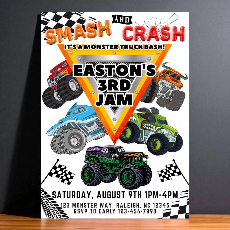 May include: A vibrant party invitation with a monster truck theme. The design showcases several monster trucks in different colours, the text "SMASH AND CRASH", and event details, including the date, time, and location.
