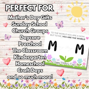 May include: A Mother's Day-themed graphic on a wooden background. The text includes "Mother's Day Gifts," "Sunday School," and "Happy Mother's Day!" Decorative elements include hearts, butterflies, and flowers. A card says "To the world you are a mom, but to me, you are the world."