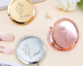 Personalised Compact Mirror, Engraved Name Pocket Mirror, Wedding Gift, Gifts for Bridal Shower, Mini Makeup Mirror, Mother's Day Gift