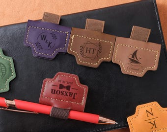Engraved Leather Magnetic Bookmarks with Pen Holder, Custom Name Bookmark, Leather Book Mark, Monogram Books Clip, Personalized Gifts