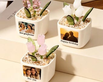 Personalized Photo Handmade Glass Tulip Mini Potted, Custom Desk Decor, Gift for Sister, Birthday Gifts